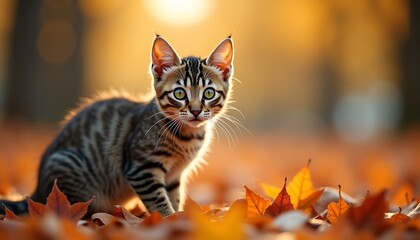 Obraz premium Cute tabby kitten standing on fallen leaves with a curious expression in autumn scenery.