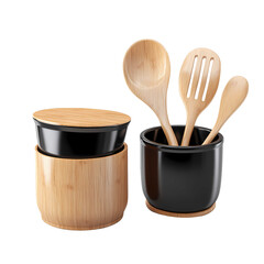Set of Kitchen Utensils Stored in Stylish Bamboo Containers Features Wooden Spoons and Spatulas Perfect for Cooking and Serving Food