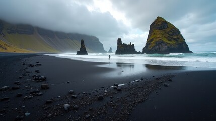 The dramatic Reynisfjara beach in Iceland at midday, with cloudy skies, photographed from a panoramic perspective.