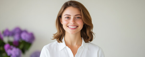 cheerful woman with warm smile stands in bright setting, wearing white shirt. background features soft purple flowers, adding touch of color and warmth to scene