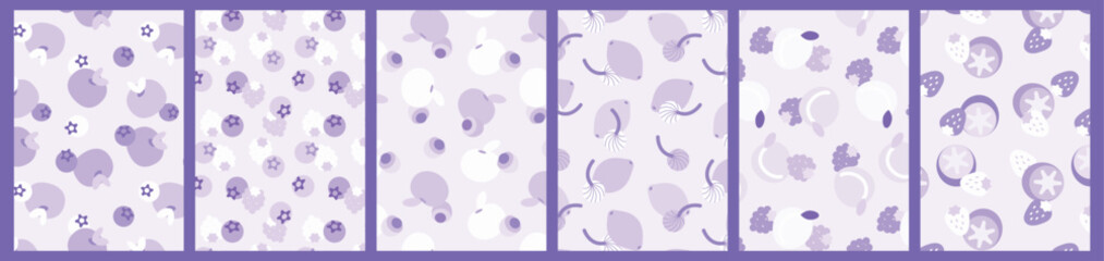 Collection of abstract fruit pattern. Flat design simple food background. Strawberry, lemon, peach and kiwi. Trendy design for brand design, cover, packaging, t shirt.