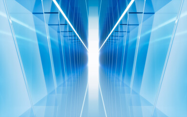 Blue neon tunnel and light background, abstract and technology concept, 3d rendering.