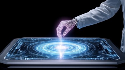 A futuristic AI auditor scanning holographic documents, detecting fraudulent activity in real-time