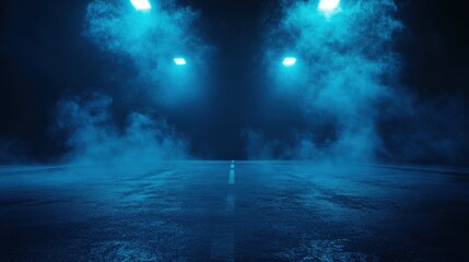 A dark empty street, dark blue background, an empty dark scene, neon light, spotlights The asphalt floor and studio room with smoke float up the interior texture. night view.