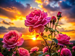 Obraz premium Romantic pink rose silhouettes at sunset, blooming beautifully.