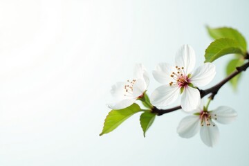 Fototapeta premium Delicate white blossoms on a branch against pure white background , plant, tranquil