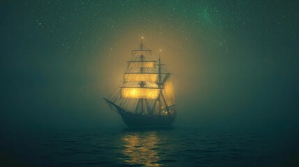Fototapeta premium Luminous sailing ship glides through foggy night sea