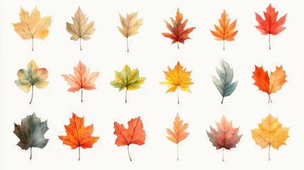 Fototapeta premium Watercolor Autumn Leaves Collection on White Background Artistic Fall Foliage in Warm Tones Botanical Illustration for Seasonal Design Projects