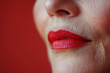 Close-up of elderly woman lips with wrinkles and engraved skin lines. Beauty skin texture detail. Copy space