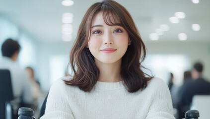 young woman with long, wavy hair smiles warmly in bright, modern office environment. She wears cozy white sweater, exuding friendly and approachable vibe