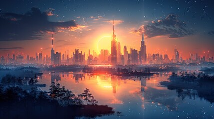Fototapeta premium A 3D-rendered futuristic cityscape at night with neon lights and reflective surfaces HD 8K mockup wallpaper Photographic Image 