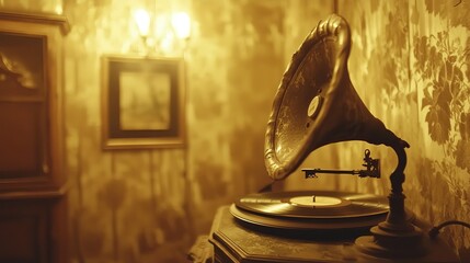 An antique gramophone sitting elegantly in a warmly lit vintage room.