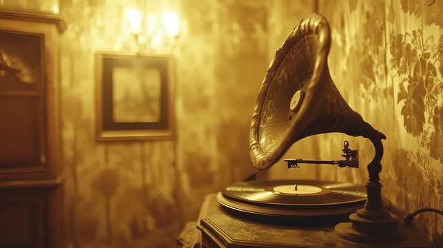An antique gramophone sitting elegantly in a warmly lit vintage room.