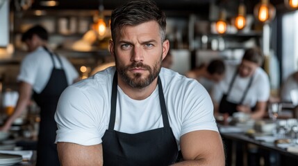 Fototapeta premium Young male chef with beard in busy restaurant kitchen during service hours