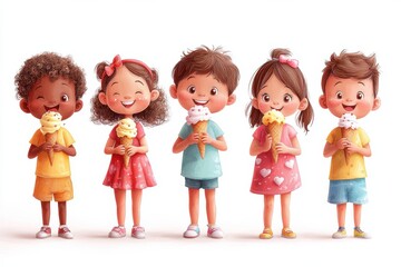 Group of children enjoying ice cream in a playful cartoon illustration