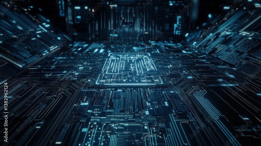 Poster A detailed futuristic digital circuit board featuring intricate lines and patterns, showcasing advanced technology and complex design.
