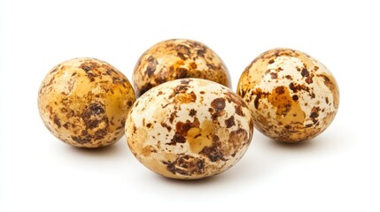 Fototapeta premium Quail eggs on white background, food photography, studio shot, for culinary use