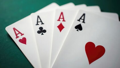 Four aces fanned out, showing suit variations , red, blue, green