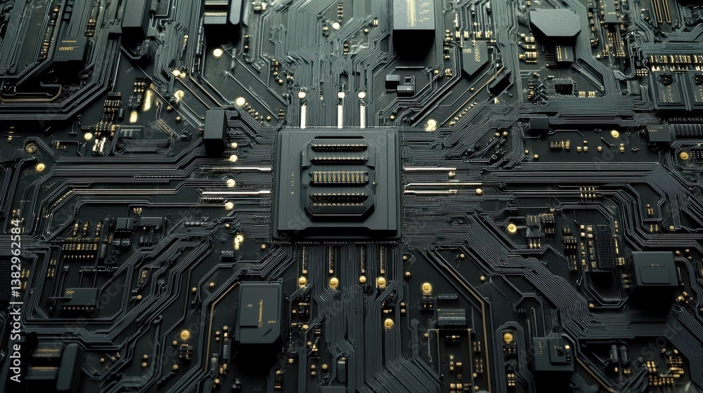 Poster A detailed futuristic digital circuit board featuring intricate lines and patterns, showcasing advanced technology and complex design.