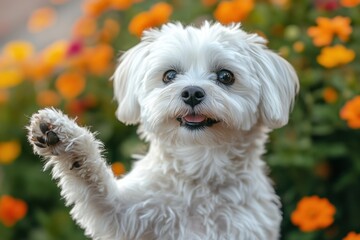 Charming white maltese dog waving paw amidst vibrant orange flowers in a sunlit garden setting playful canine portrait