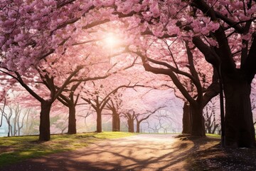 Naklejka premium A tranquil scene of blooming cherry blossom trees in a serene park, with sunlight filtering through the branches