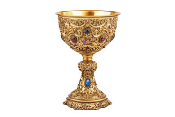 An ornate golden chalice with intricate baroque design and gemstone accents showcased against a pristine white background
