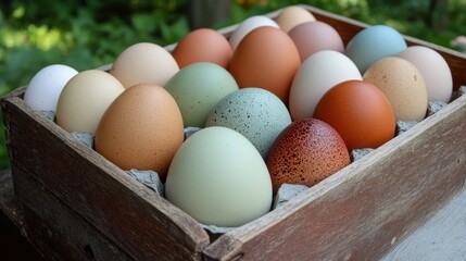 Colorful Assortment of Fresh Eggs in Rustic Wooden Tray Outdoor