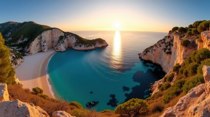 Panoramic photo of Calanques in France at dawn, with mild, sunny summer weather.