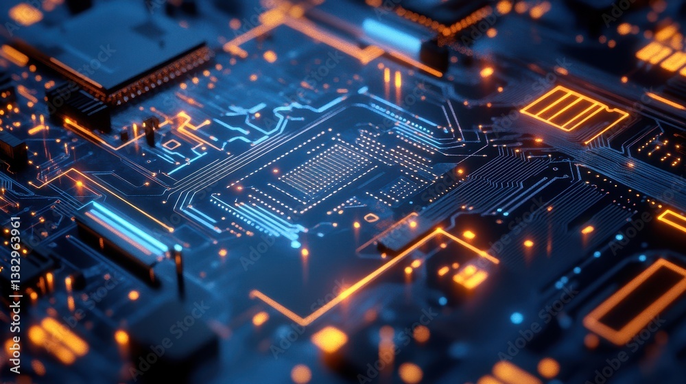Poster A detailed futuristic digital circuit board featuring intricate lines and patterns, showcasing advanced technology and complex design.