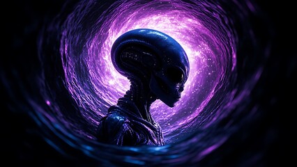  A humanoid alien silhouette emerging from a swirling black hole, surrounded by distorted light and cosmic energy