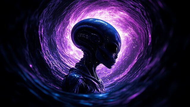  A humanoid alien silhouette emerging from a swirling black hole, surrounded by distorted light and cosmic energy