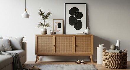 Scandinavian-style wooden sideboard with modern decor and framed artwork in a stylish interior.