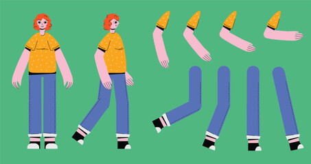 Flat style character constructor for animation. Front, Side, Back view. Separable body parts and different emotions. Simple colorful minimalistic design for advertisement, business, corporate identity