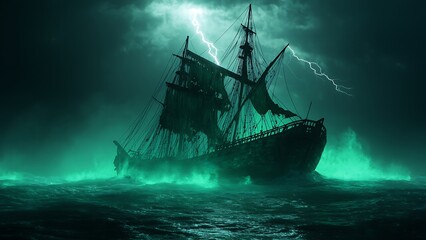 A ghostly shipwreck emerging from a foggy, stormy sea in the Bermuda Triangle, surrounded by eerie green glowing waters2