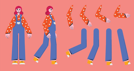 Flat style character constructor for animation. Front, Side, Back view. Separable body parts and different emotions. Simple colorful minimalistic design for advertisement, business, corporate identity