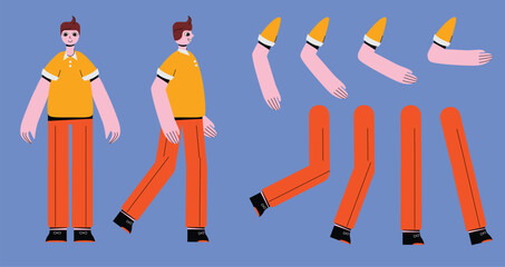 Flat style character constructor for animation. Front, Side, Back view. Separable body parts and different emotions. Simple colorful minimalistic design for advertisement, business, corporate identity