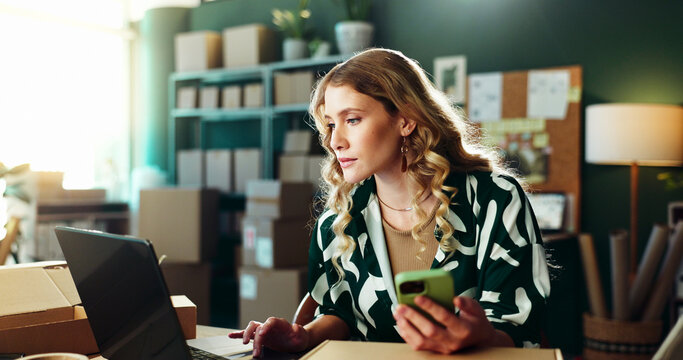 Online shop, phone or woman with laptop at small business for inventory management or compare invoice. Ecommerce, startup owner or technology for logistics feedback, delivery tracking or multitasking