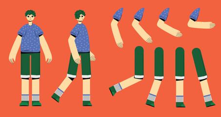 Flat style character constructor for animation. Front, Side, Back view. Separable body parts and different emotions. Simple colorful minimalistic design for advertisement, business, corporate identity