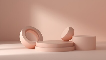  Floating geometric shapes with subtle shadow play, muted pastel background, negative space emphasis