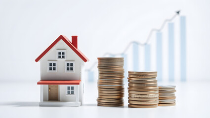 A miniature house sits beside growing stacks of coins, symbolizing real estate investment and financial gains.