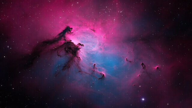 Deep space nebula with vibrant magenta and teal gas clouds, star formation regions, high contrast astronomical imagery