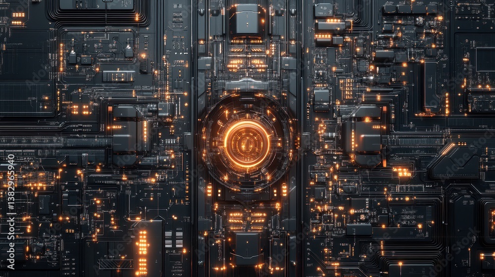 Poster A detailed futuristic digital circuit board featuring intricate lines and patterns, showcasing advanced technology and complex design.