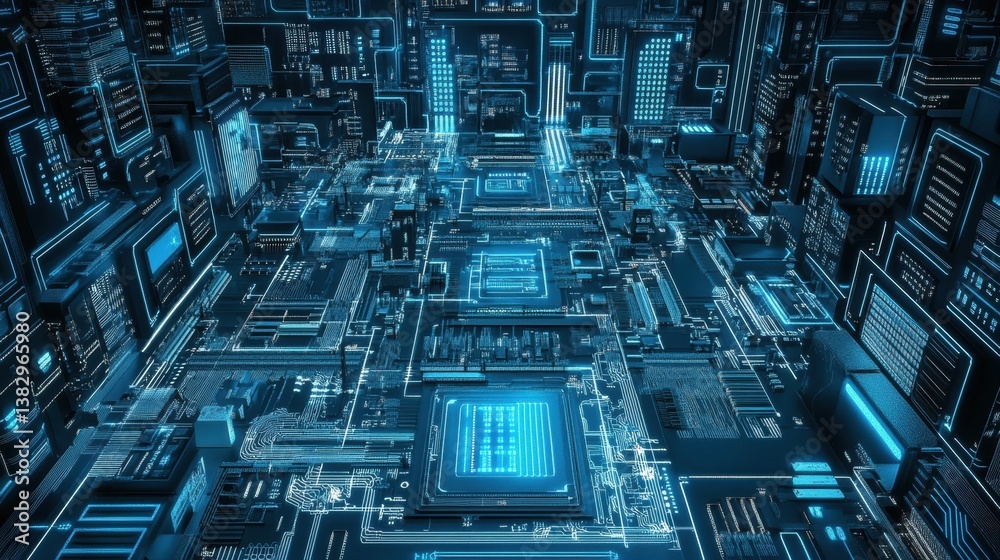 Poster a detailed futuristic digital circuit board featuring intricate lines and patterns, showcasing advan