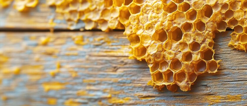Golden honeycomb detail on rustic wooden surface captures the natural beauty and intricate architecture of bee colony