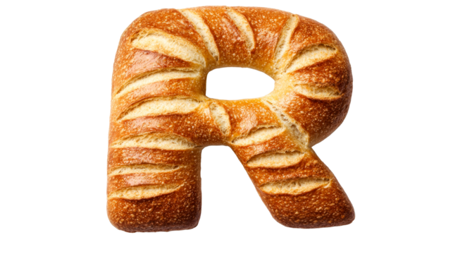 Letter R shaped bread, baked goods art creation, cut out transparent