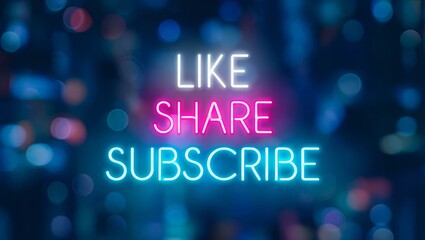 Image of like share subscribe texts over cityscape.