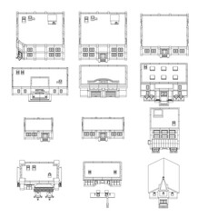 The image is a collection of different floor plans of houses. Each floor plan is drawn in black and white, with varying sizes and styles. Scene is one of architectural exploration and design