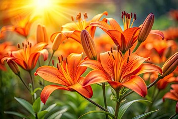 Obraz premium Vibrant orange lily blooms, sharply focused, showcasing the beauty of Lilium bulbiferum in a garden setting.