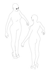 Two women are standing next to each other, one of them is wearing high heels. Isometric view