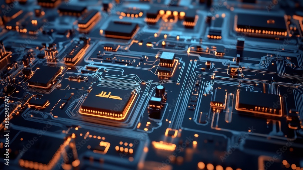 Poster A detailed futuristic digital circuit board featuring intricate lines and patterns, showcasing advanced technology and complex design.